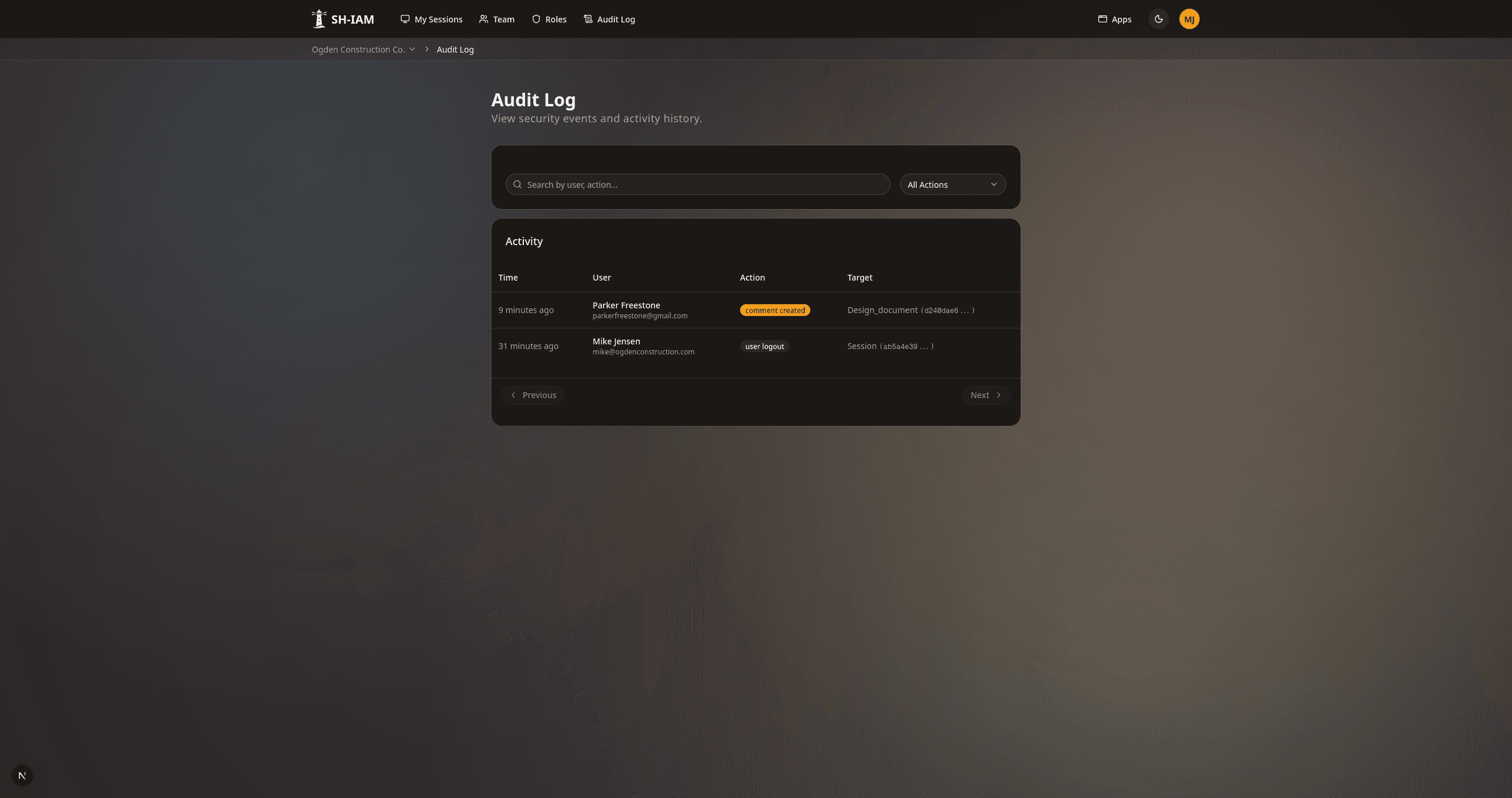 Audit log showing recent activity
