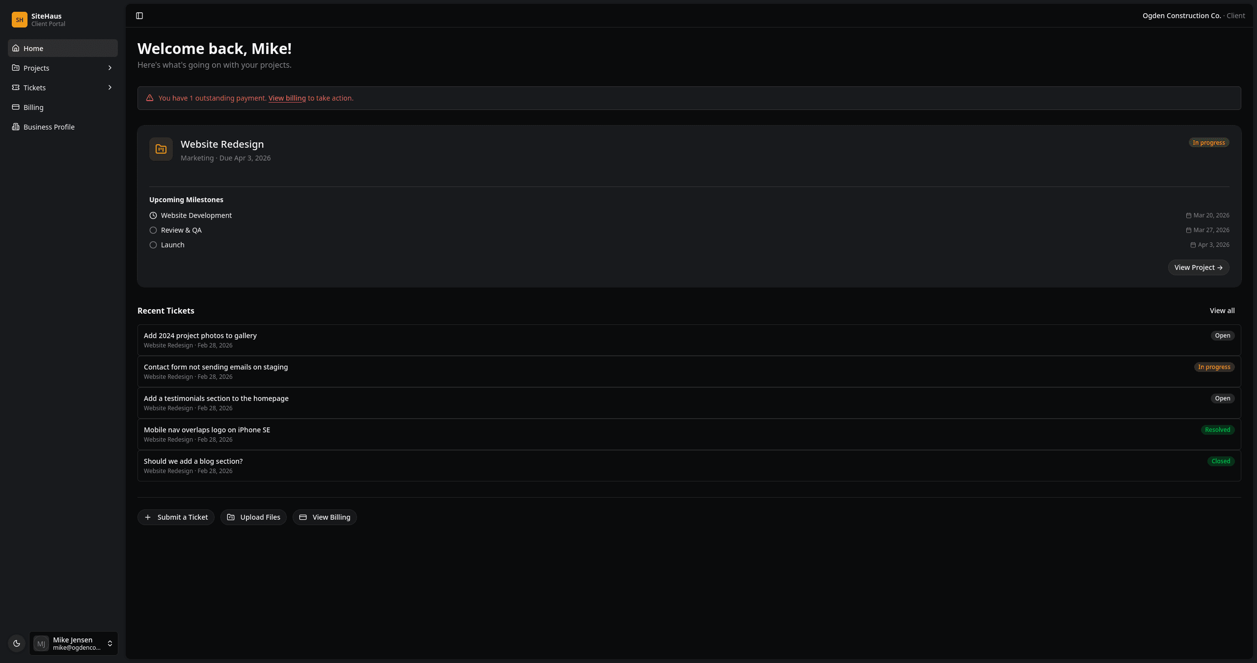 SiteHaus client dashboard overview