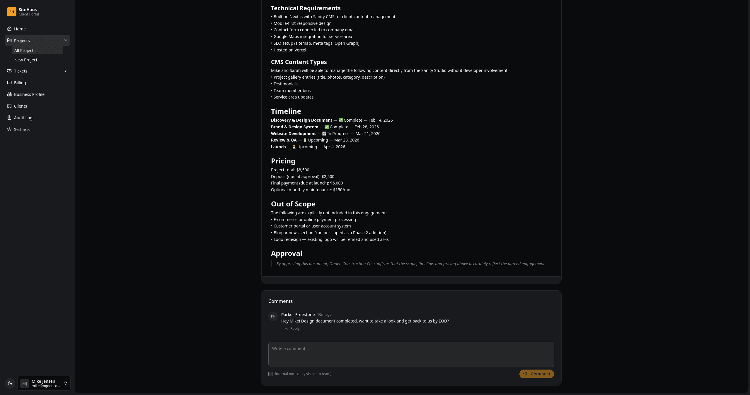 Design document showing project scope, timeline, and pricing