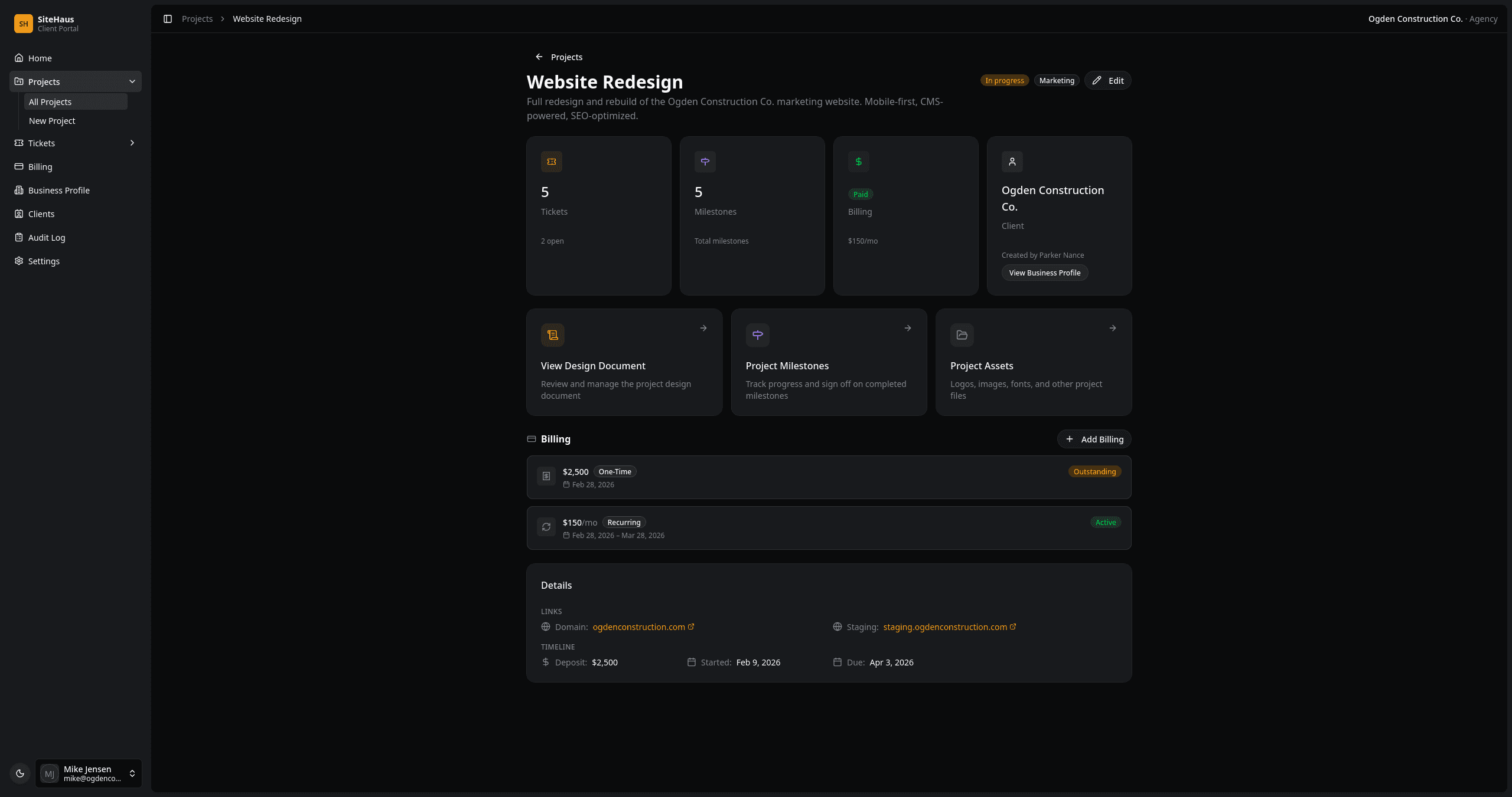 Project overview showing milestones, status, and billing